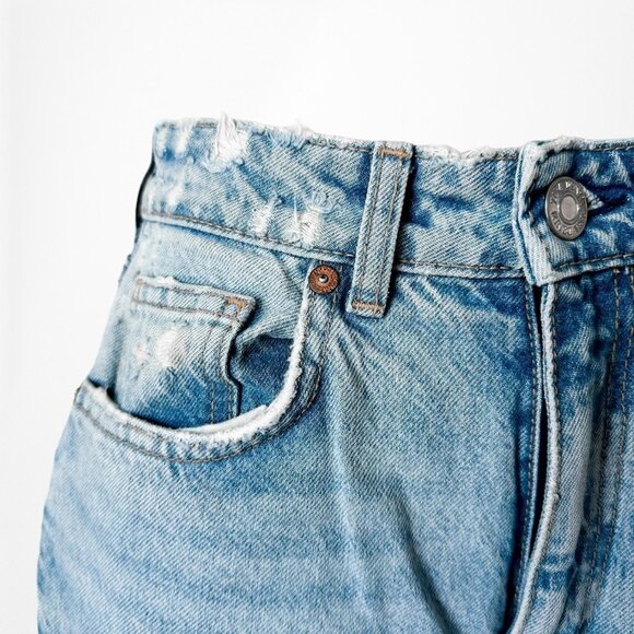 Zara Blue Distressed Destroyed Medium Wash Ripped Knee High Waisted Mom Jeans XS - Picture 8 of 10